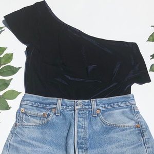 Velvet One Shoulder Top in Navy Blue